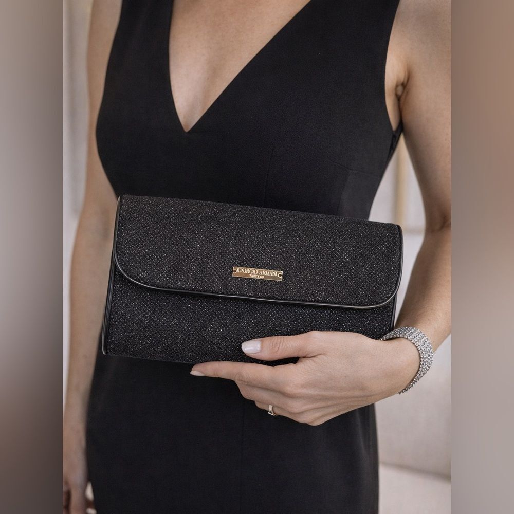 Giorgio Armani Black Sparkly Evening Clutch Bag Textured Formal Purse Chic